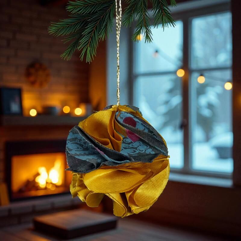 Perle de Noël en soie bleue et or