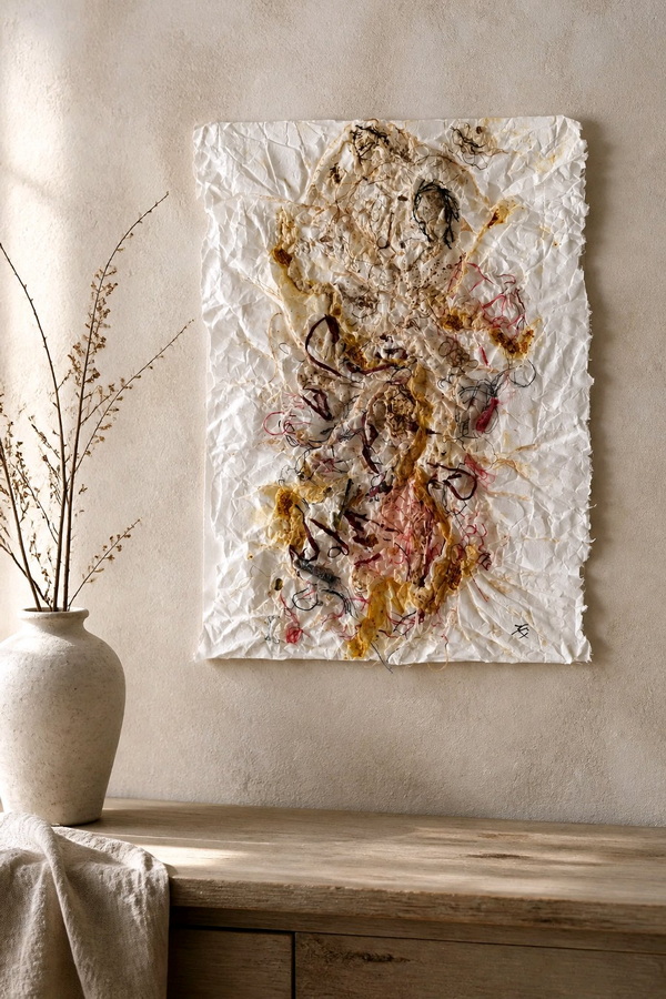 Œuvre murale d'art textile organique Mémoire de matière réalisée avec papier, fibres textiles et matériaux récupérés.