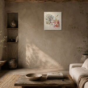 Éclosion, œuvre textile contemporaine 30 × 30 cm présentée dans un intérieur wabi-sabi